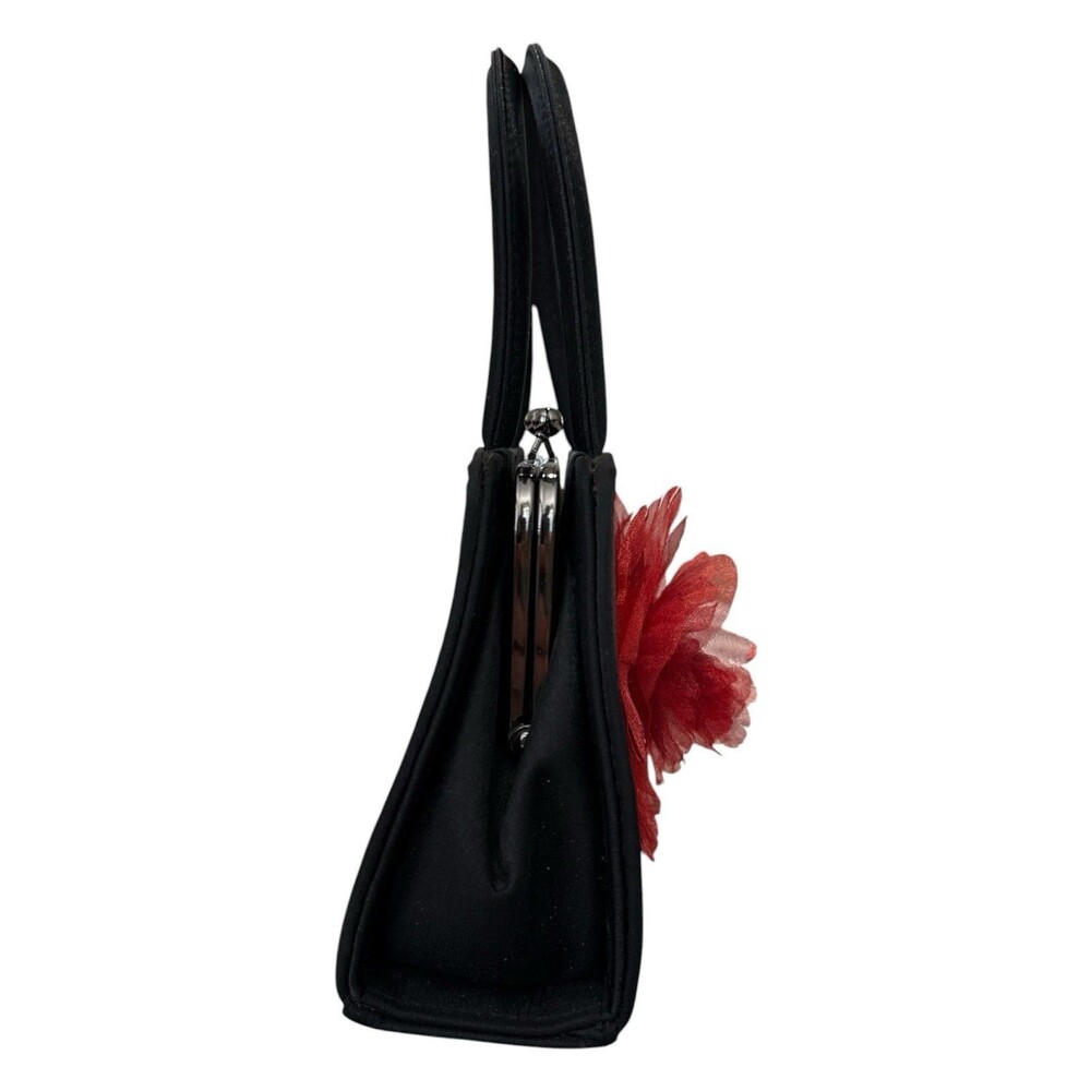 Julie Feldman Black Satin Evening Bag Red Floral Kiss Lock Chain Strap - Picture 4 of 9